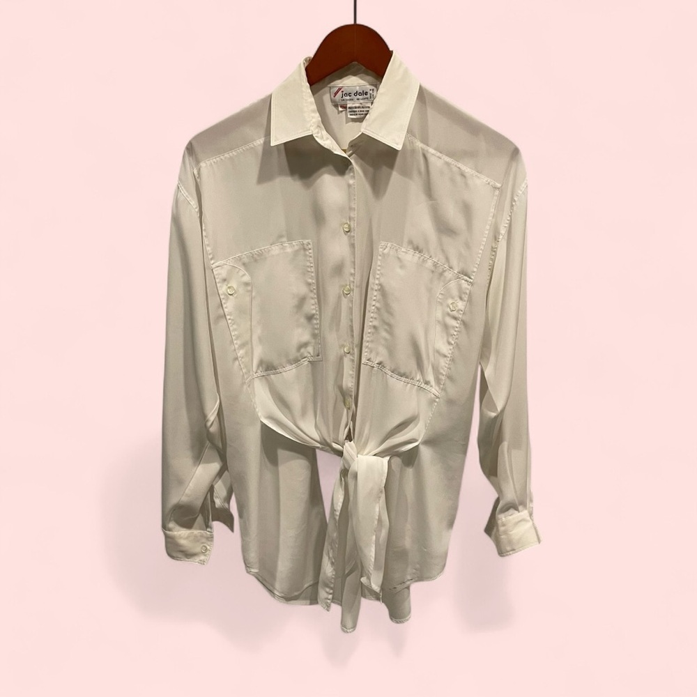 Vintage 70’s- 80’s oversized tie front blouse pockets Jac Dale boho semi-sheer